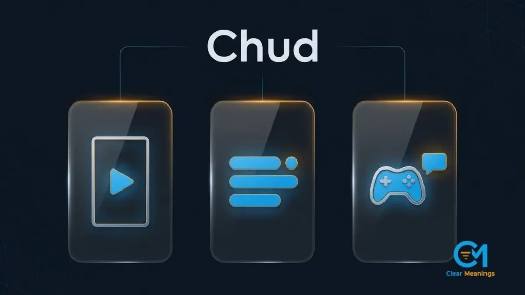 Three abstract platform panels representing short video, forum threads, and a game lobby around the word Chud, showing where the slang term is used