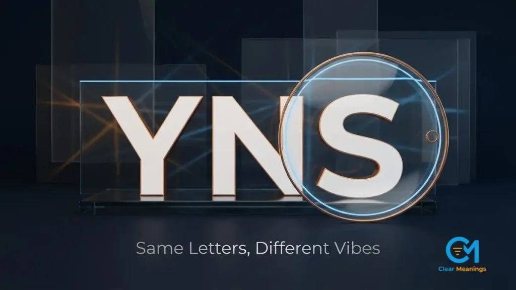 Large glowing YNS lettering seen through a glass decoding lens on a dark premium panel, illustrating the yns meaning slang.