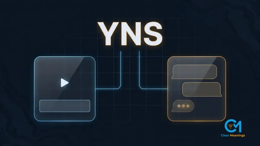 YNS lettering centered between an abstract public video feed frame and a private chat pane, showing how yns meaning slang shifts by context.