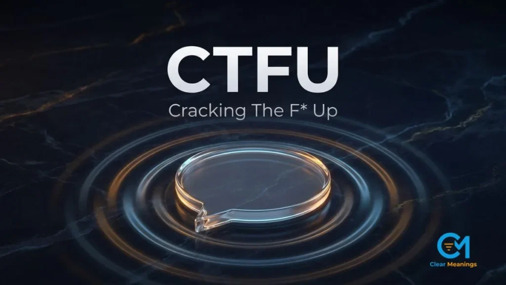 Dark premium visual of a single glass speech bubble releasing ripples of energy to represent the CTFU meaning as an intense laughter reaction, with the acronym and its full form displayed together.