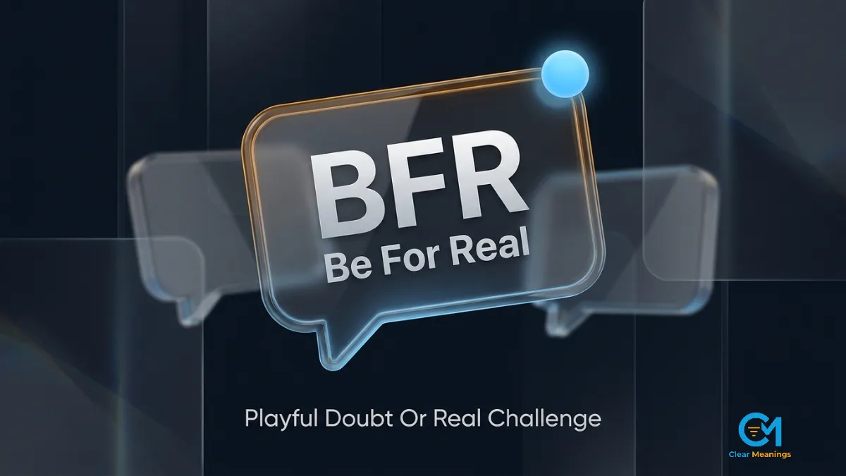 Abstract message thread in smoked glass ending with a glowing BFR reply and the full form Be For Real beneath it