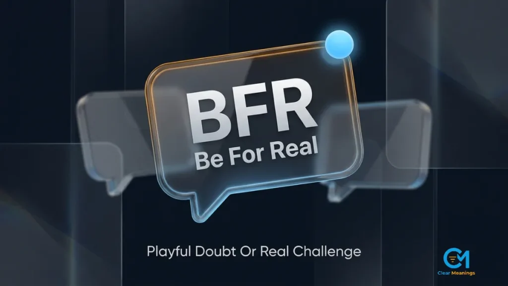 Premium dark featured image showing the slang abbreviation BFR with its full form Be For Real on a tilted glass chat bubble