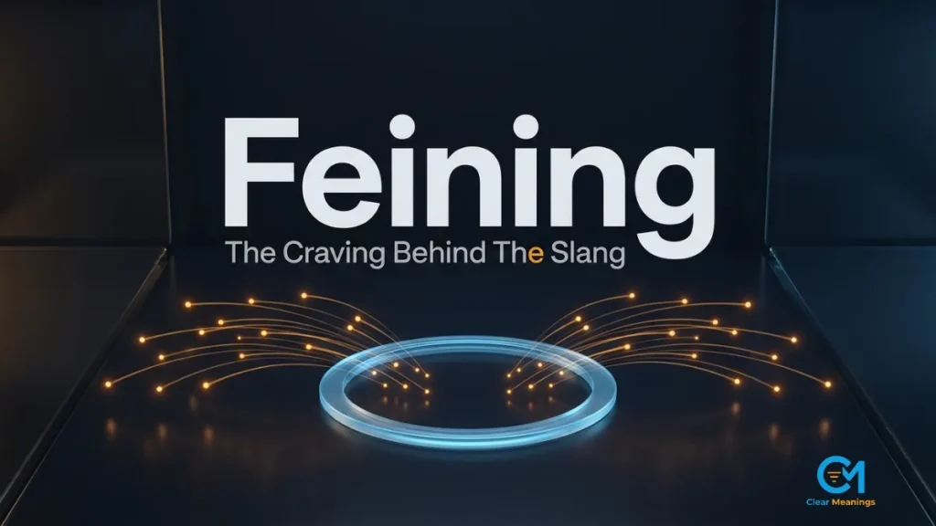 Premium dark featured image showing the slang word feining in bold lettering with amber light particles pulled toward a glowing blue ring, representing the feining meaning as an intense craving