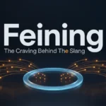 Premium dark featured image showing the slang word feining in bold lettering with amber light particles pulled toward a glowing blue ring, representing the feining meaning as an intense craving