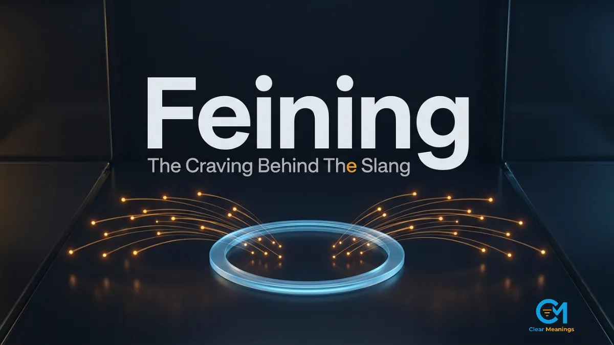 Premium dark featured image showing the slang word feining in bold lettering with amber light particles pulled toward a glowing blue ring, representing the feining meaning as an intense craving