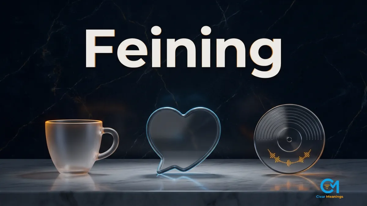 Dark premium graphic of the word feining above three glass objects, a cup, a heart-shaped chat bubble, and a sound disc, representing the everyday, personal, and music contexts of the feining meaning