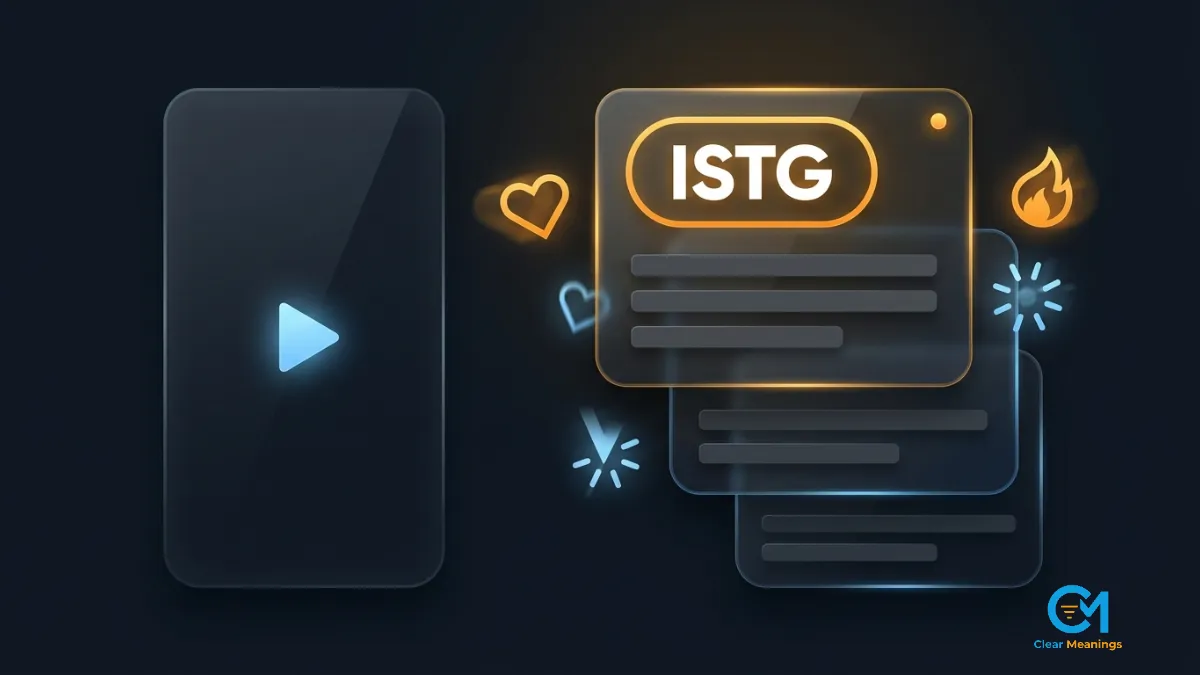 Abstract social feed with video panel, comment cards, and a highlighted ISTG tag representing how ISTG slang appears online