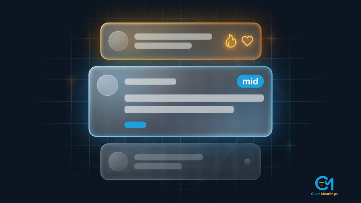 Abstract social comment cards with reaction icons and a mid badge, showing how the slang word mid appears in online comment sections