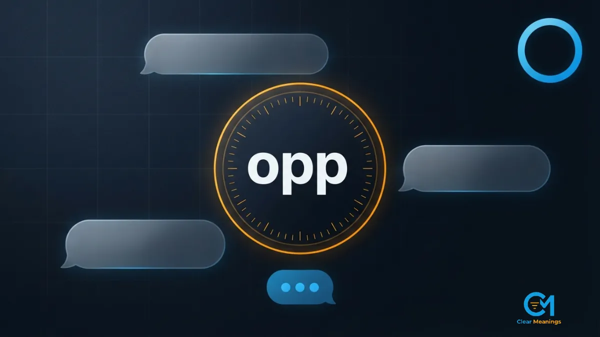 Abstract chat interface shapes with a typing indicator and target ring surrounding the slang word opp