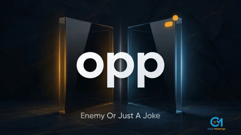 The slang word opp in bold white lettering between two facing glass panels with the hook Enemy Or Just A Joke