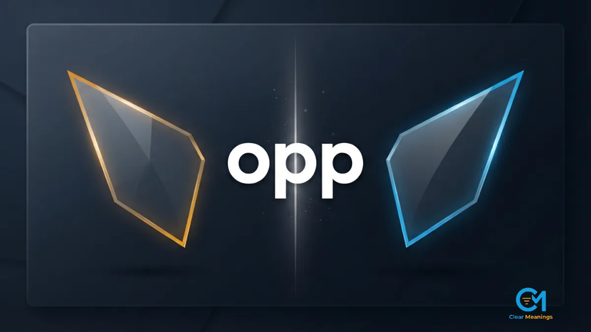 The word opp centered between two opposing glass shards, one amber and one sky blue, visualizing the meaning of opp as a rival