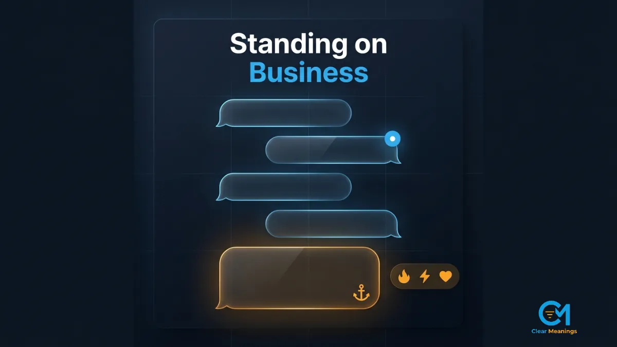 Abstract group chat interface with aligned message bubbles and reaction badges showing how the slang standing on business is used in texts